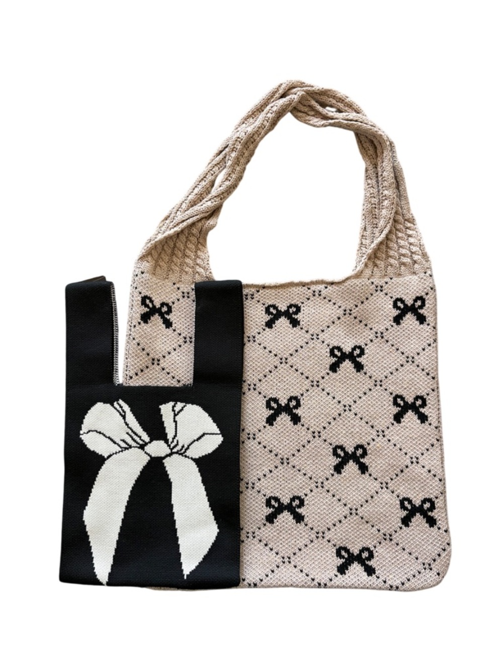 NEW Coquette Bow Knit Tote Bag Set | Black Ribbon Tote + Beige Bow Pattern Bag